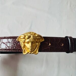 vintage Versace Medusa head brown crocodile-embossed leather belt adjustable